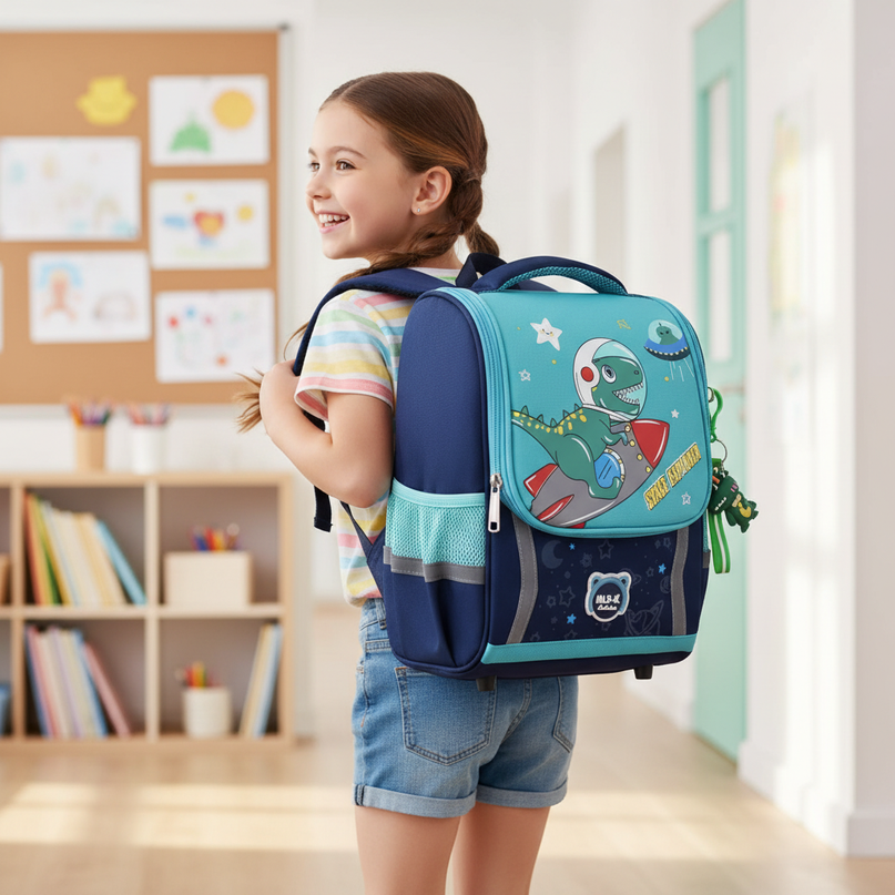 navy unicorn orthopedic school backpack - in-use