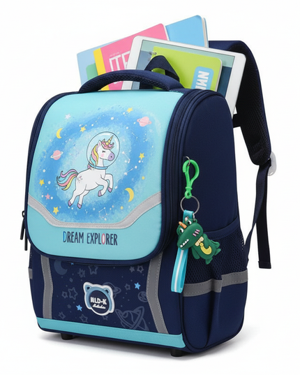navy unicorn orthopedic school backpack - white-bg
