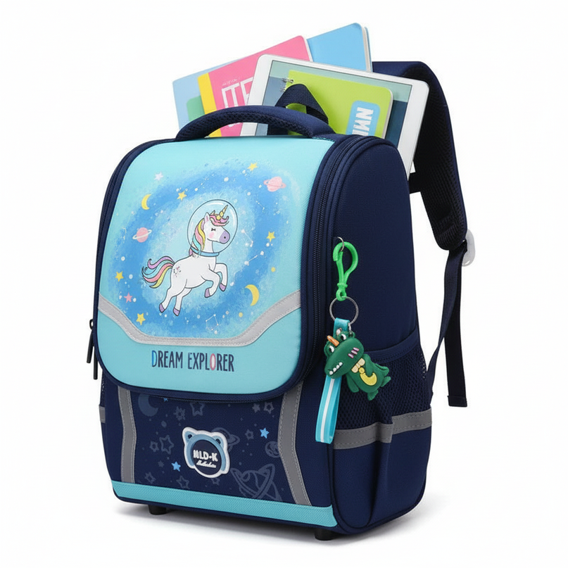navy unicorn orthopedic school backpack - white-bg