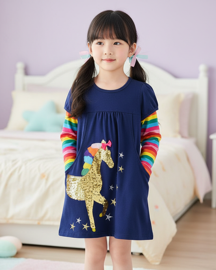 navy unicorn sequin rainbow dress - detail