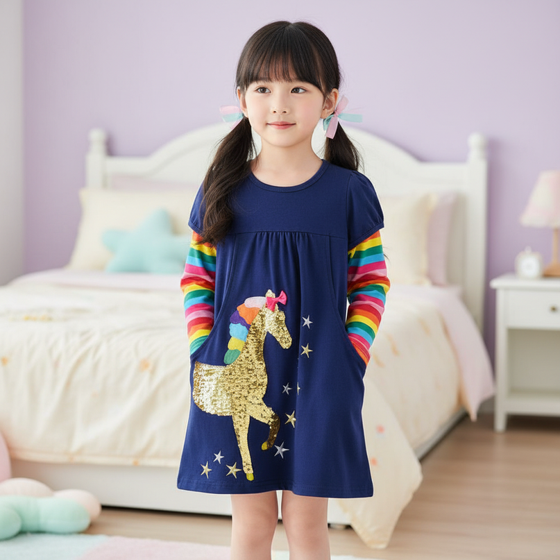 navy unicorn sequin rainbow dress - detail