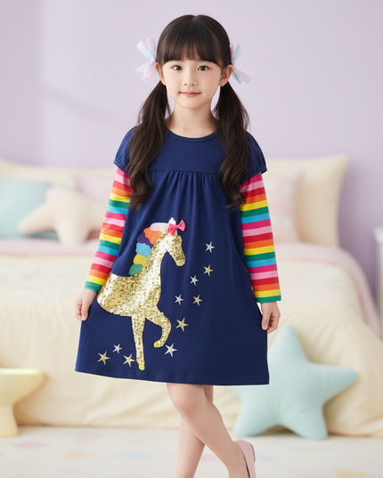 navy unicorn sequin rainbow dress - front