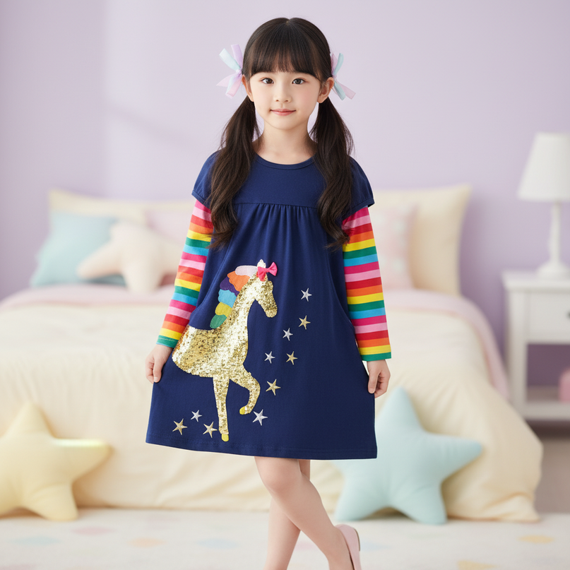 navy unicorn sequin rainbow dress - front