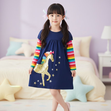 navy unicorn sequin rainbow dress - front