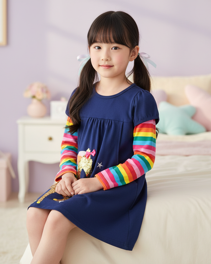 navy unicorn sequin rainbow dress - sitting