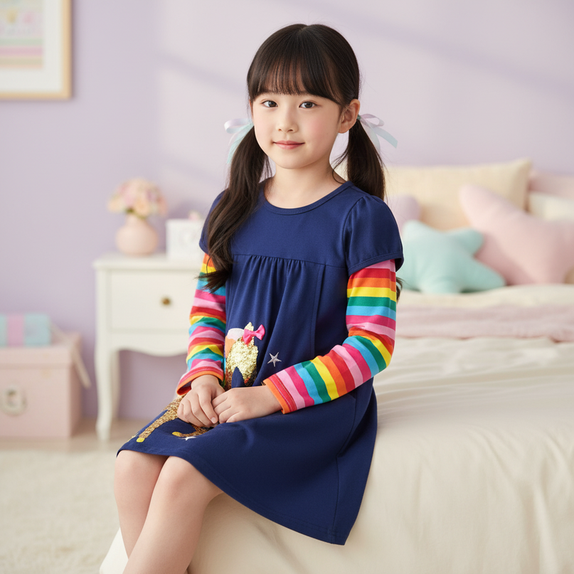 navy unicorn sequin rainbow dress - sitting