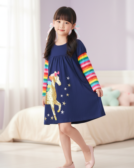 navy unicorn sequin rainbow dress - three-quarter