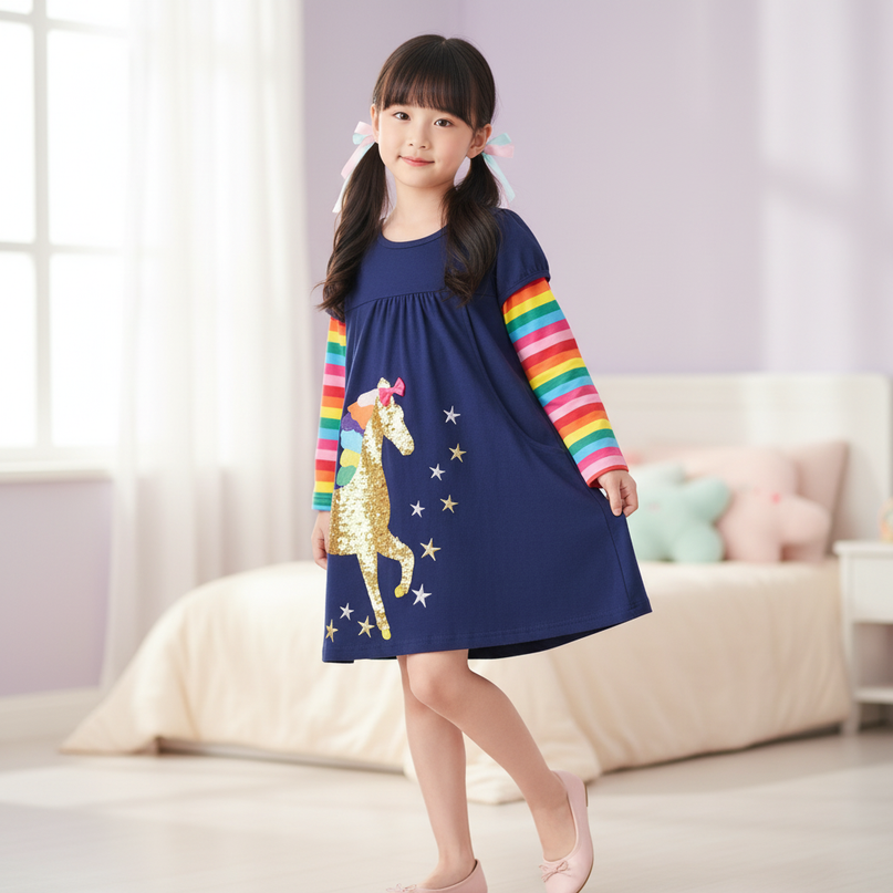 navy unicorn sequin rainbow dress - three-quarter