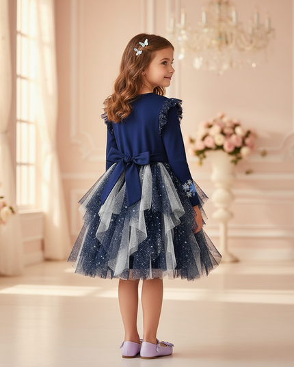 navy unicorn snowflake long sleeve dress - back