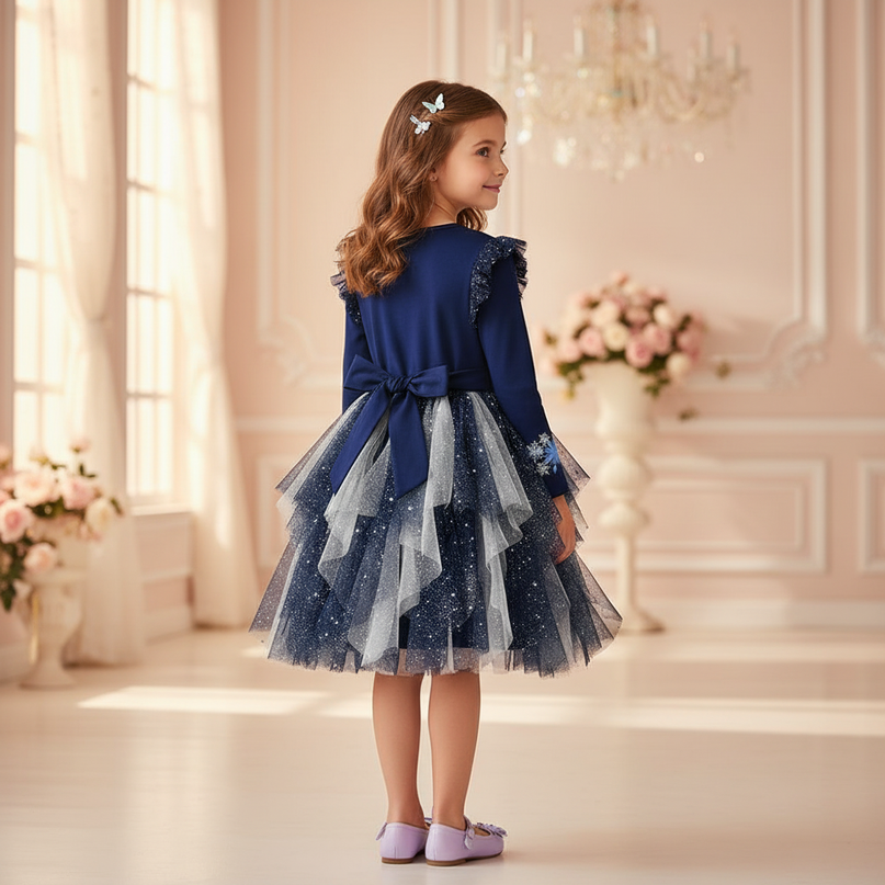 navy unicorn snowflake long sleeve dress - back