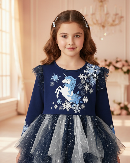 navy unicorn snowflake long sleeve dress - detail