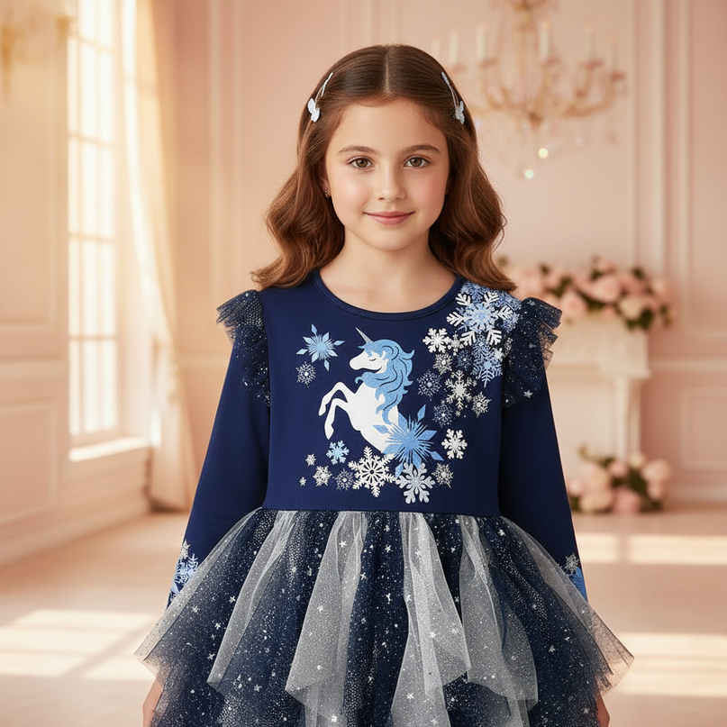 navy unicorn snowflake long sleeve dress - detail