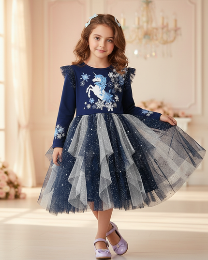 navy unicorn snowflake long sleeve dress - front