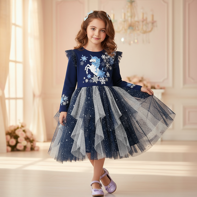 navy unicorn snowflake long sleeve dress - front