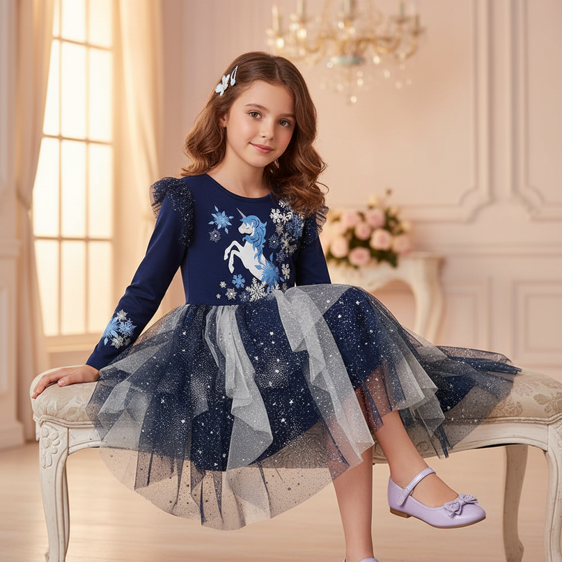 navy unicorn snowflake long sleeve dress - sitting