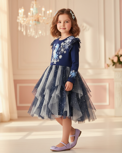 navy unicorn snowflake long sleeve dress - three-quarter