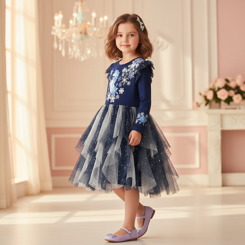 navy unicorn snowflake long sleeve dress - three-quarter