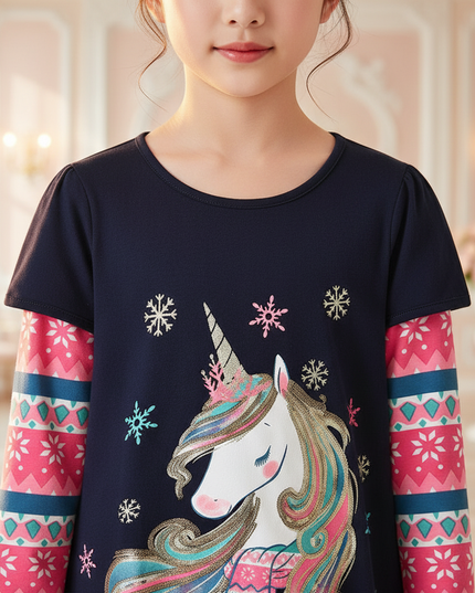 navy unicorn snowflake print dress - detail