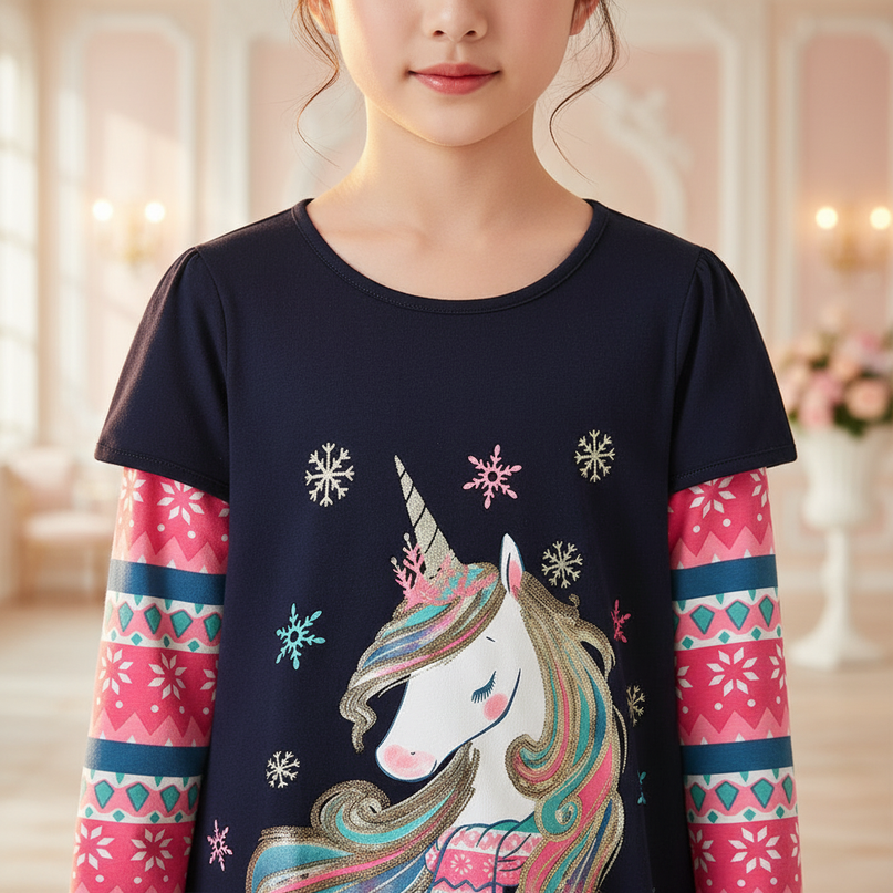navy unicorn snowflake print dress - detail