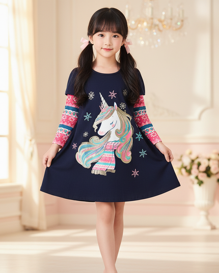 navy unicorn snowflake print dress - front