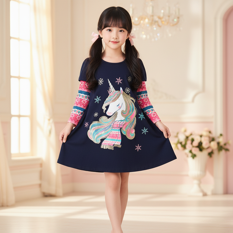 navy unicorn snowflake print dress - front
