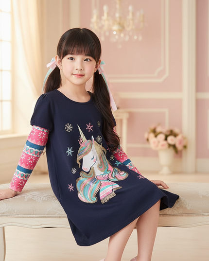 navy unicorn snowflake print dress - sitting