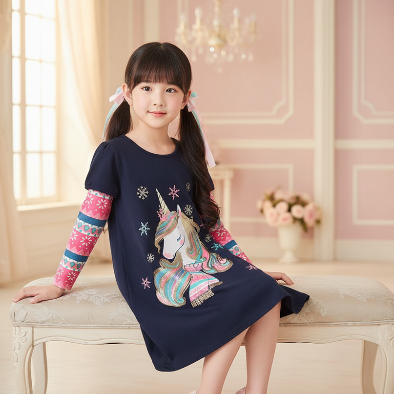 navy unicorn snowflake print dress - sitting