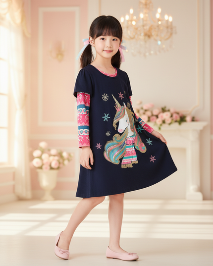 navy unicorn snowflake print dress - three-quarter