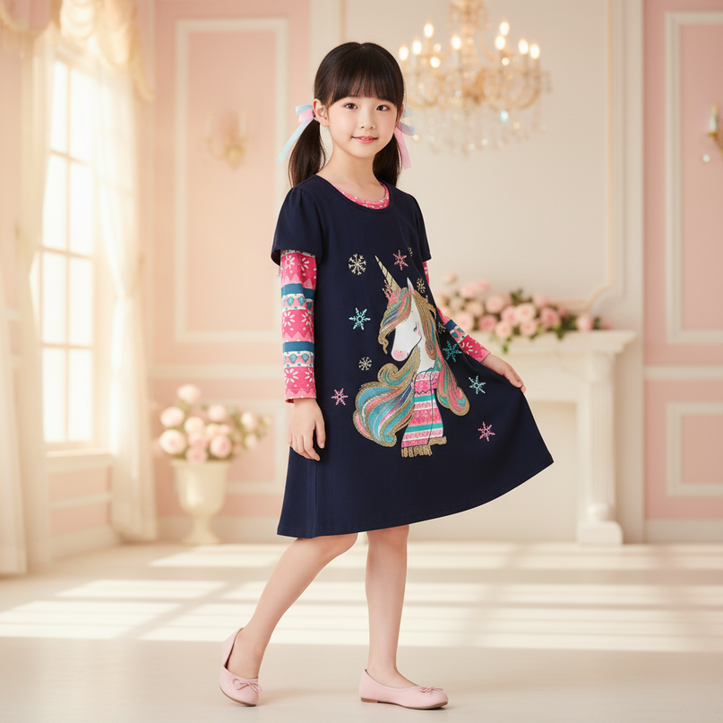 navy unicorn snowflake print dress - three-quarter