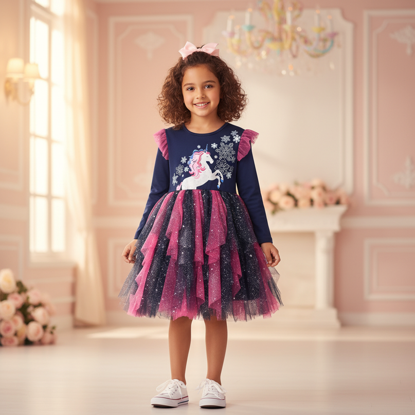 navy unicorn snowflake tutu dress girls - detail