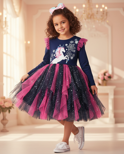 navy unicorn snowflake tutu dress girls - front