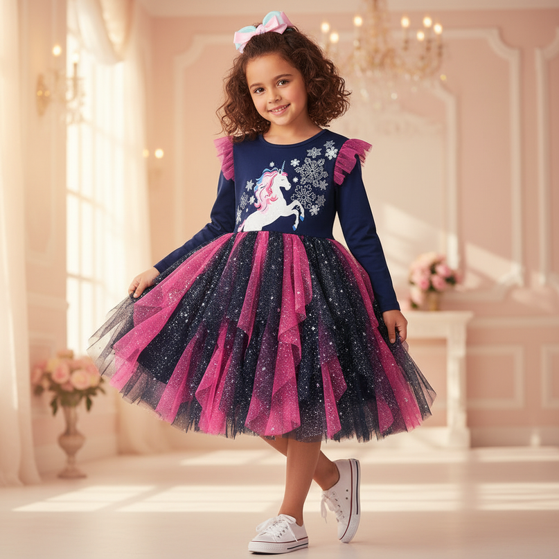 navy unicorn snowflake tutu dress girls - front