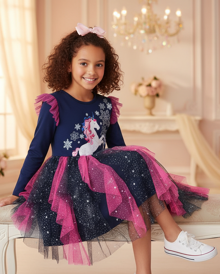 navy unicorn snowflake tutu dress girls - sitting
