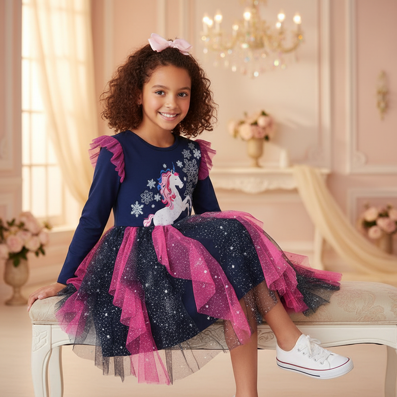 navy unicorn snowflake tutu dress girls - sitting