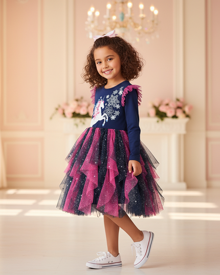 navy unicorn snowflake tutu dress girls - three-quarter