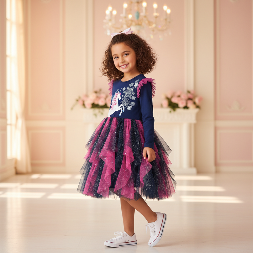 navy unicorn snowflake tutu dress girls - three-quarter