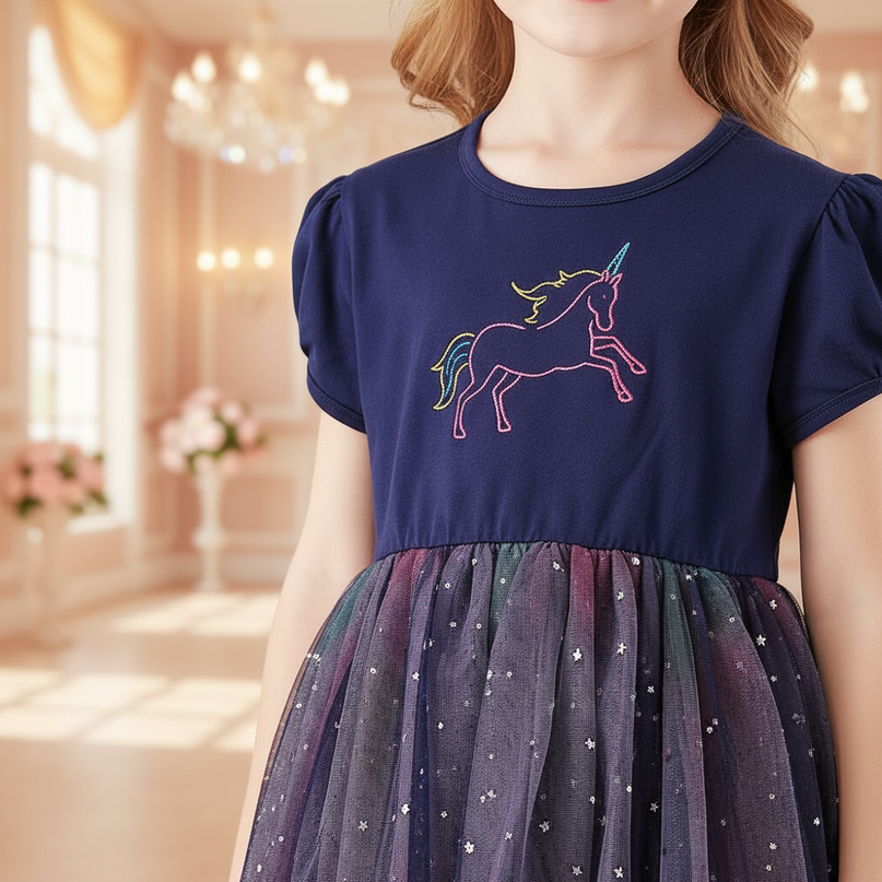 navy unicorn star tutu dress - detail