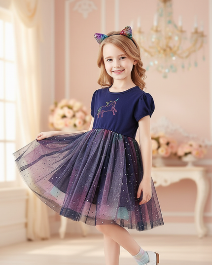 navy unicorn star tutu dress - front