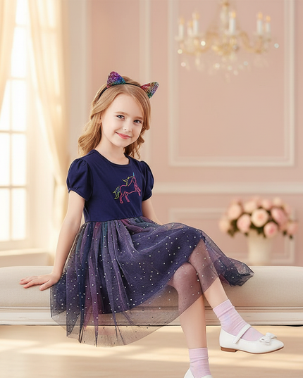 navy unicorn star tutu dress - sitting
