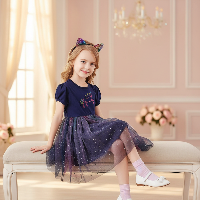 navy unicorn star tutu dress - sitting