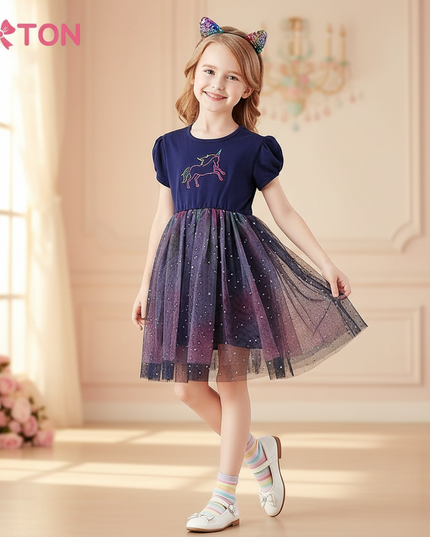 navy unicorn star tutu dress - three-quarter