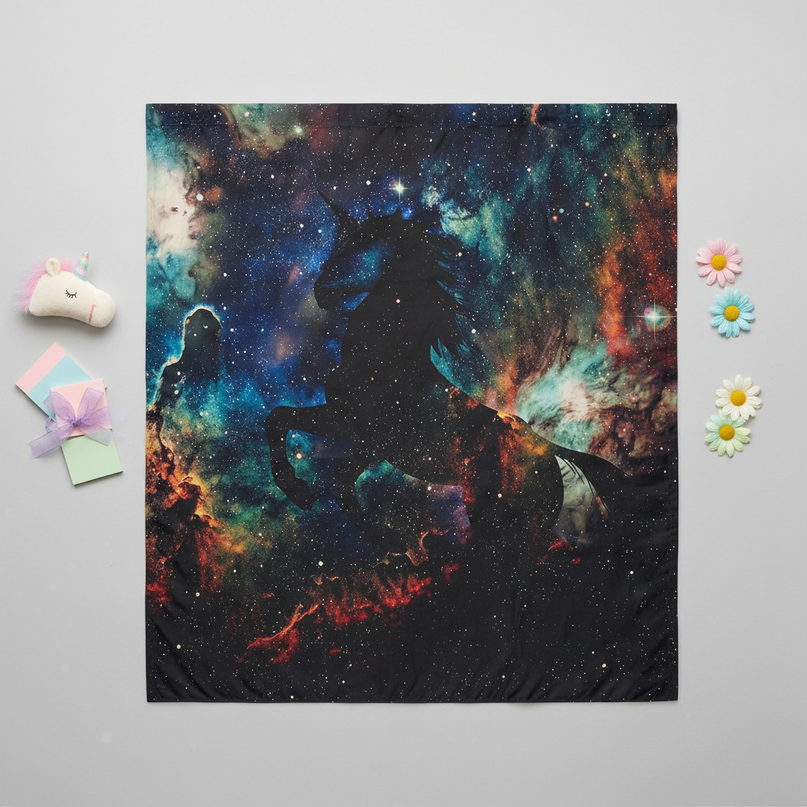 nebula unicorn shower curtain - flat-lay