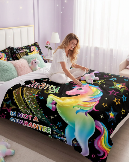 neon quote unicorn bedding - in-use