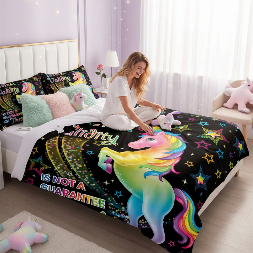 neon quote unicorn bedding - in-use