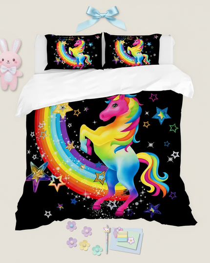 neon rainbow rearing unicorn bedding - flat-lay