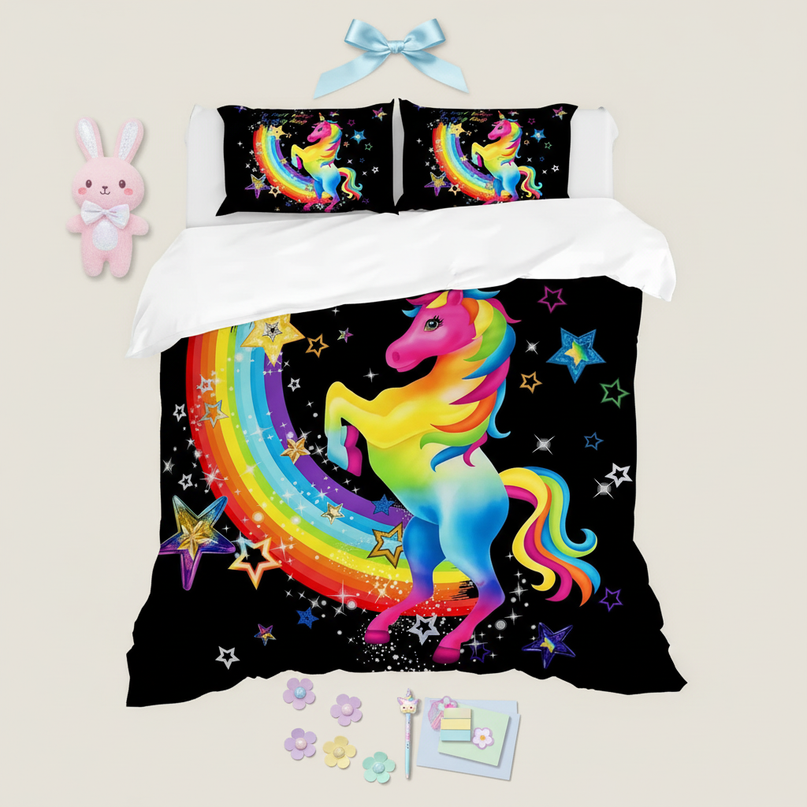 neon rainbow rearing unicorn bedding - flat-lay