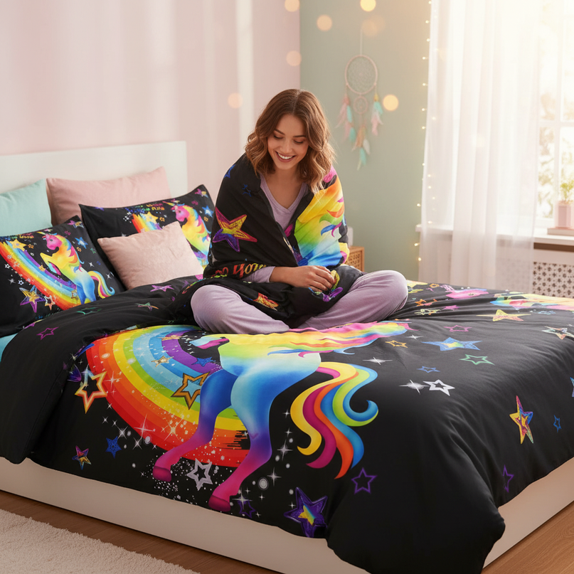 neon rainbow rearing unicorn bedding - in-use