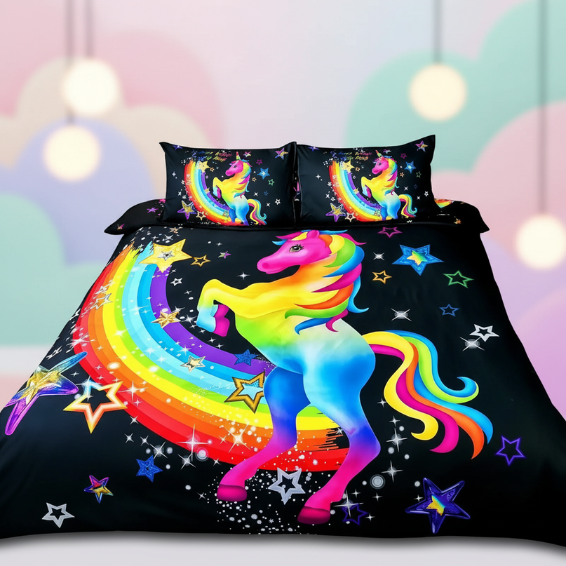 neon rainbow rearing unicorn bedding - lifestyle