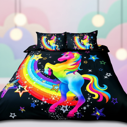 neon rainbow rearing unicorn bedding - lifestyle