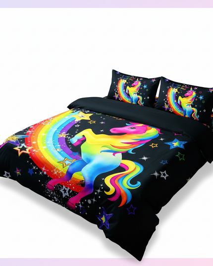 neon rainbow rearing unicorn bedding - white-bg